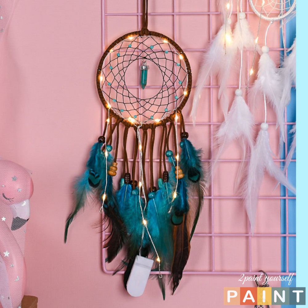 Dreamcatcher lông vũ gắn đèn led decor, dream catcher đèn led trang trí