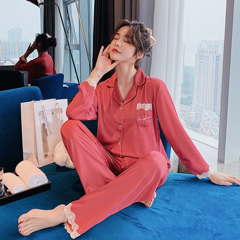 Set đồ ngủ màu trơn bằng lụa thoải mái xinh xắn cho nữ