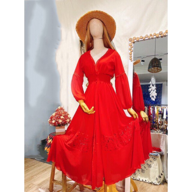 Đầm váy maxi đỏ sẻ tà phối ren dáng dài dễ thương tiểu thư công chúa đi biển dự tiệc xinh đẹp cá tính XUKA-DRESS MT065
