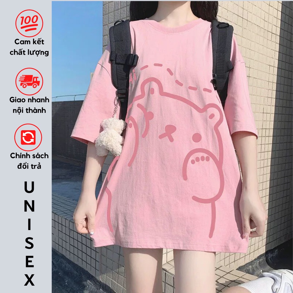 Áo thun nam nữ freesize tay lửng rộng Unisex Ulzzang oversize kiểu basic cổ tròn phong cách Hàn Quốc in gấu cute