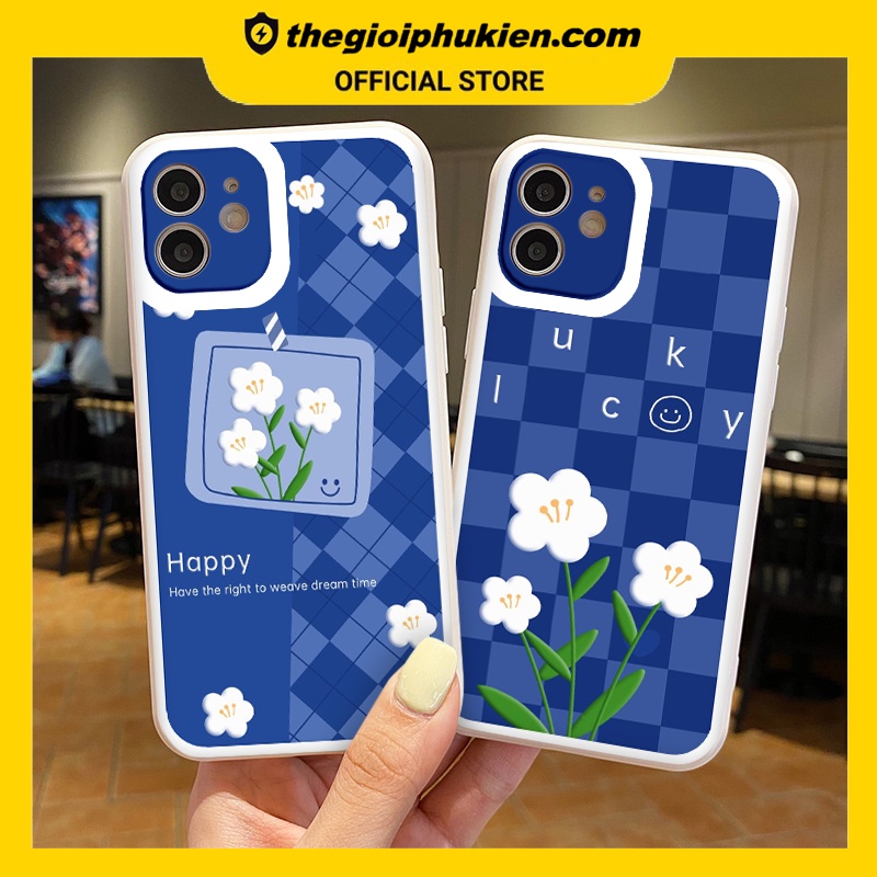 Ốp iphone - Ốp lưng iphone cạnh vuông viền camera Hoa trắng caro xanh dành cho ip 6 đến 14promax - ng037