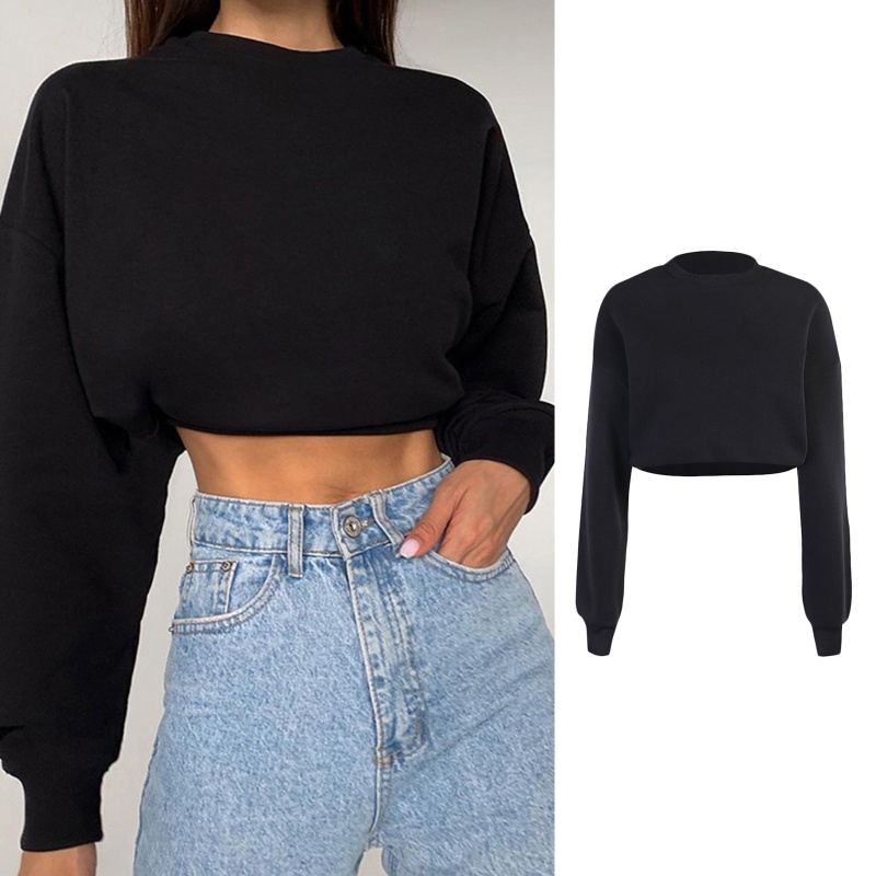 Áo Croptop Tay Dài Cổ Tròn Màu Sắc Tươi Sáng Phong Cách Harajuku Cho Nữ