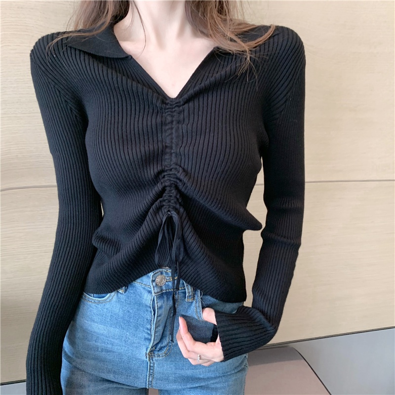 【ZHELIHANGFEI】Áo Len Tay Dài Cổ Chữ V Phối Dây Rút Eo Cao Phong Cách Quyến Rũ