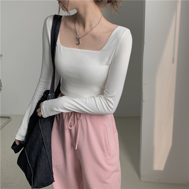 Áo Croptop Dài Tay Thun Gân Co Dãn Cổ Vuông 298 Thời Trang Sành Điệu Style Trẻ Trung Năng Động - Hazo
