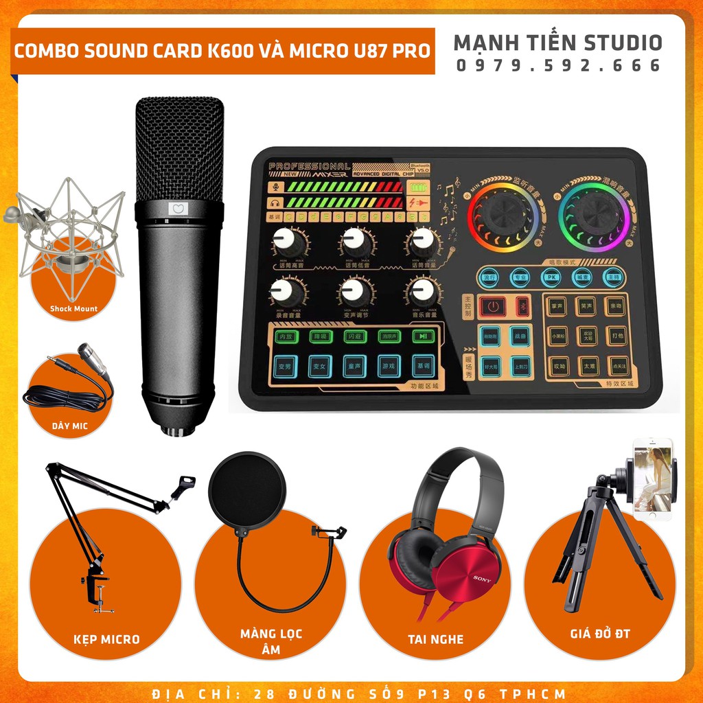 Trọn bộ thu âm livestream karaoke micro U87 Pro + soundcard K600 tặng kèm kẹp micro màng lọc tai nghe giá đỡ đt