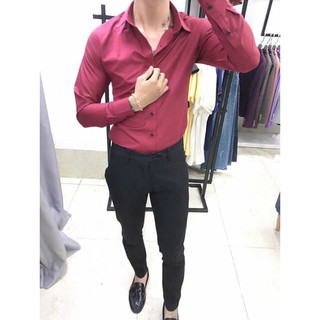 Combo áo sơ mi màu đỏ đô + Quần tây màu đen sang chảnh dành cho các soái ca