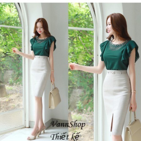 Chân váy bút chì công sở màu trắng dáng dài qua gối, không kèm thắt lưng - VannhShop CV0062