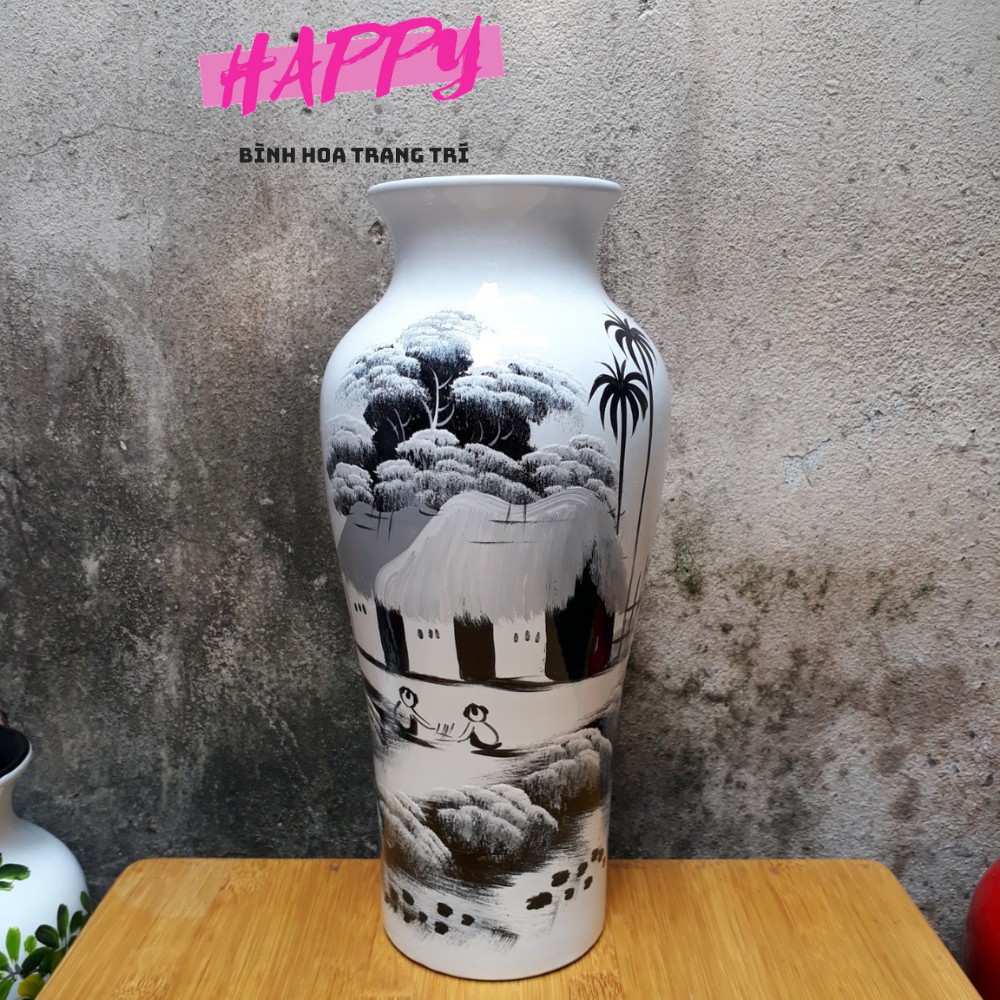 Bình hoa gốm sứ cao cấp HAPPY vẽ tranh sơn mài thủ công phong cảnh cao 34cm, lọ hoa phù hợp cắm bông và trang trí HP100