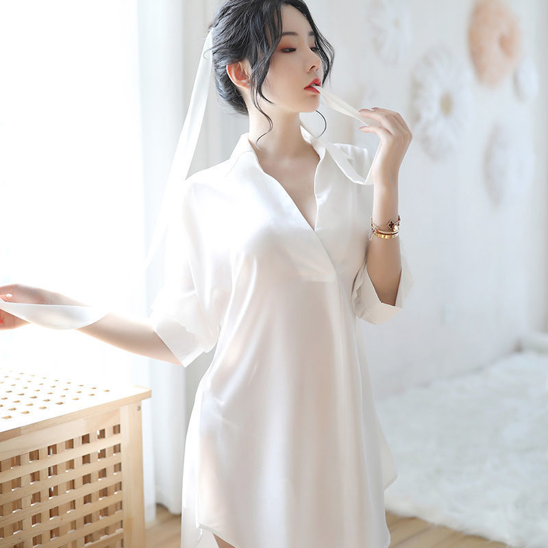 Bộ đầm ngủ dáng rộng vải Chiffon màu trắng gợi cảm cho nữ