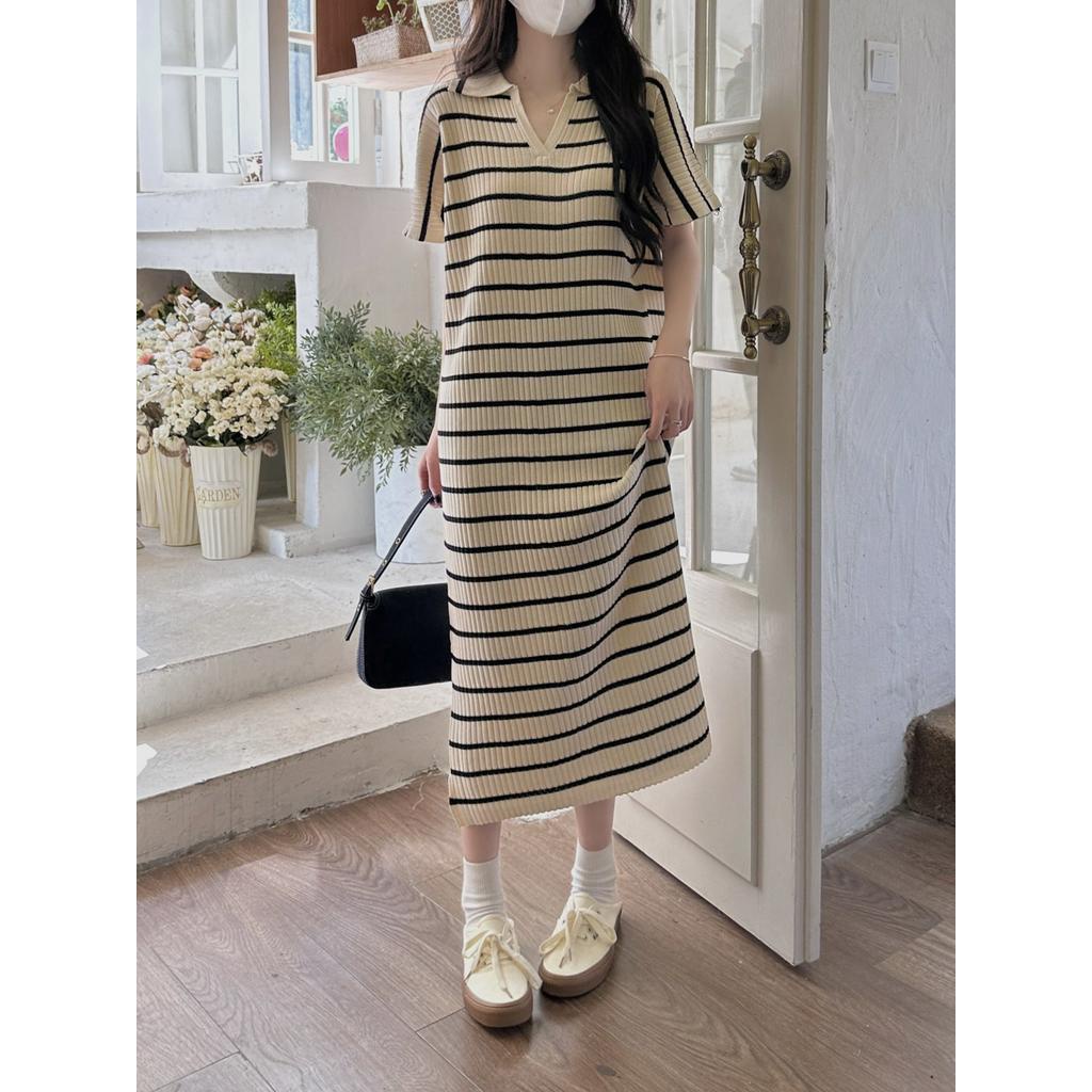 Đầm Kẻ Sọc Ngắn Tay Phong Cách Hàn Quốc Đơn Giản 62401