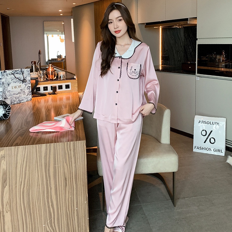 Bộ Đồ Ngủ Tay Dài Vải Lụa Mát Thêu Họa Tiết Xinh Xắn Thời Trang Mùa Thu Cho Nữ