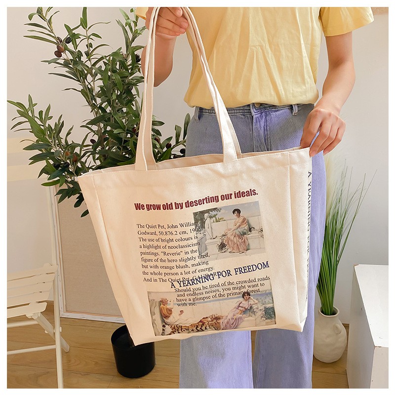 Túi vải tote canvas đáy vuông size lớn rộng rãi họa tiết vintage cho nữ