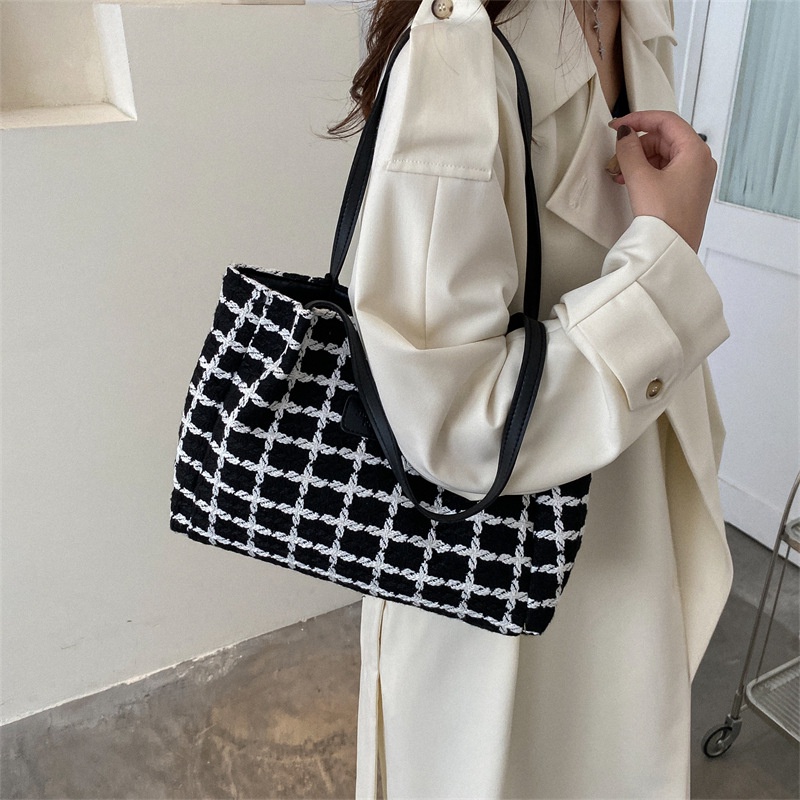 Túi Xách Đan Len Họa Tiết Sọc Caro Phong Cách Retro Thời Trang Cho Nữ
