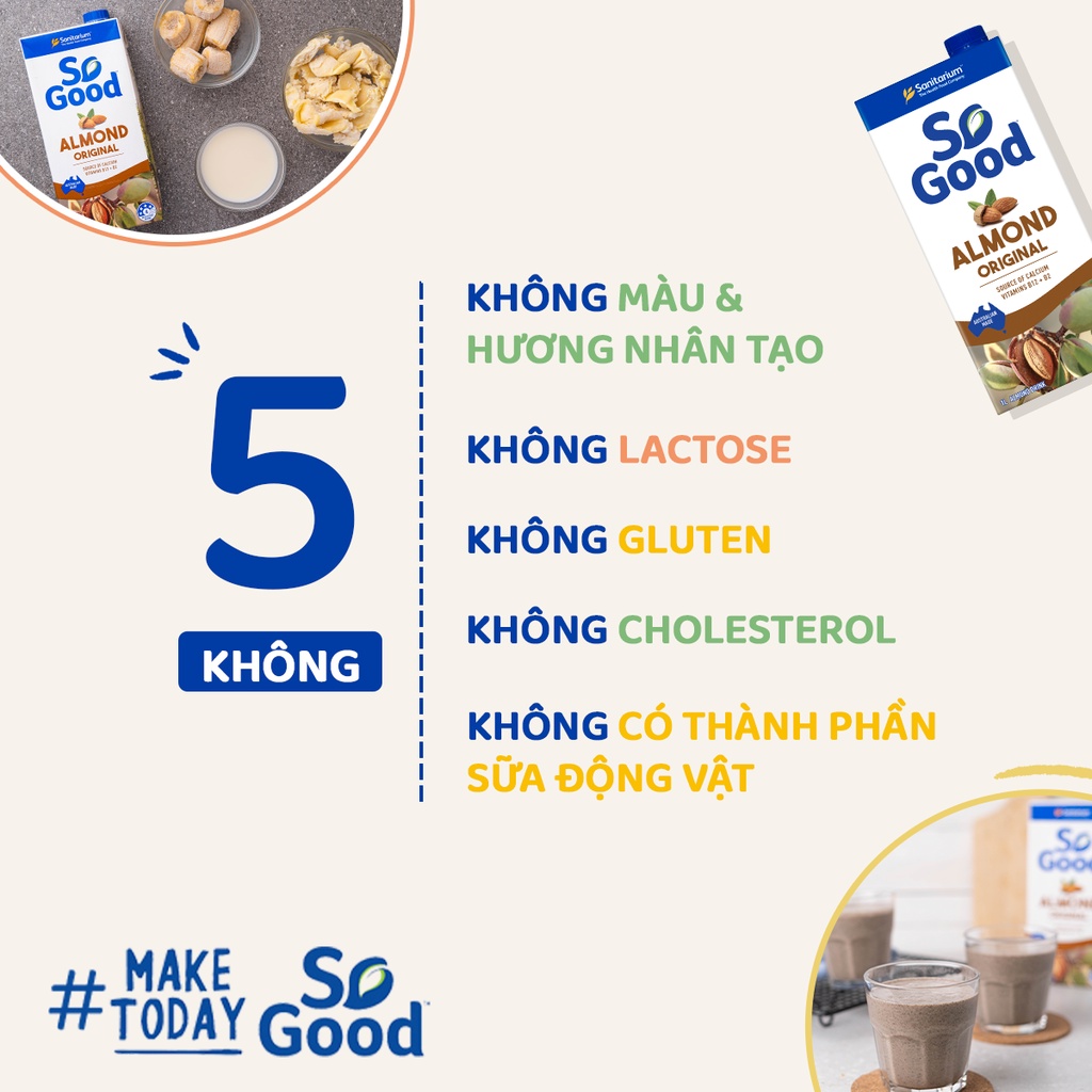 Combo 3 hộp Sữa hạt hạnh nhân ít đường SO GOOD 1 Lít bổ sung canxi và vitamin phù hợp người ăn kiêng