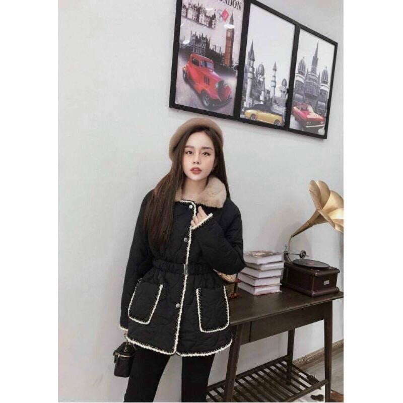 Áo phao trám cổ lông cừu chạy viền nổi kèm belt | BigBuy360 - bigbuy360.vn