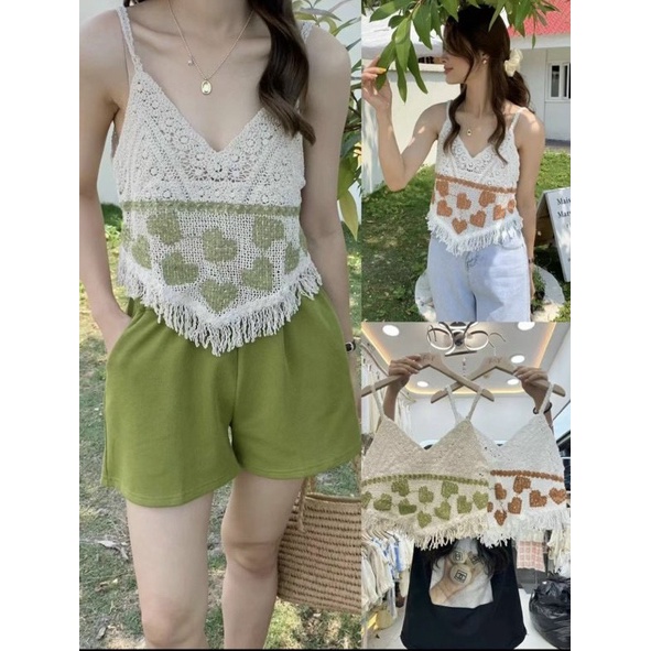 Áo thô đan 2 dây thêu tim vintage