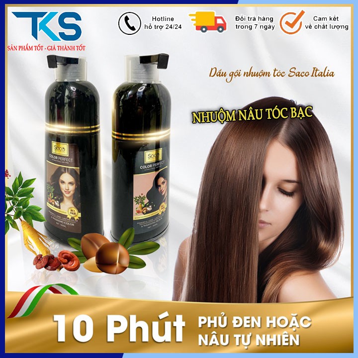 Đầu gội nhuộm tóc màu Nâu dùng cho người già phủ tóc bạc, dầu gội SACO dược liệu tự nhiên dung tích 500ml