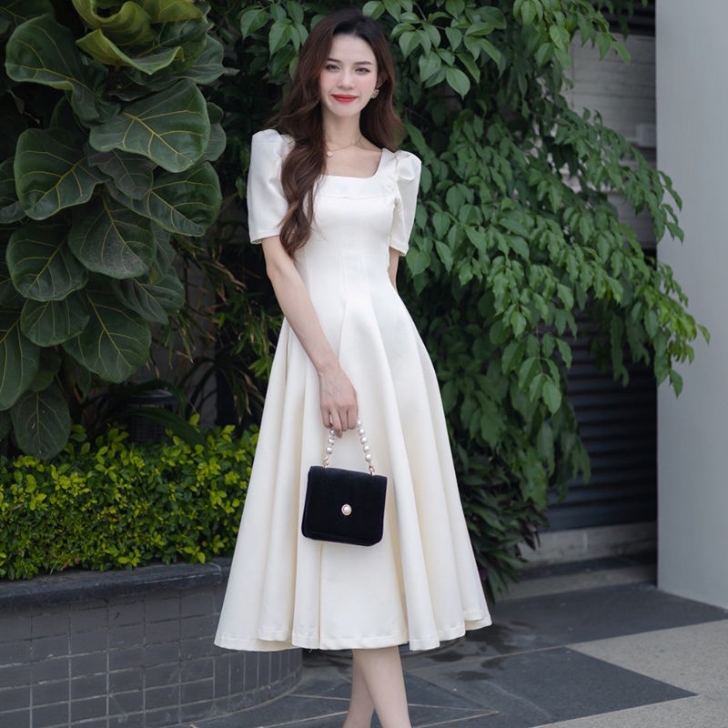 Đầm Tay Phồng Cổ Vuông Dáng Dài Quá Gối Màu Sắc Trơn Thời Trang Mùa Hè Xinh Xắn Cho Nữ