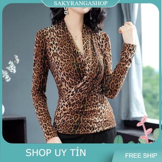 ÁO KIỂU HOẠ TIẾT DA BEO CỔ ĐẮP CHÉO CAO CẤP  (HÀNG NHẬP)