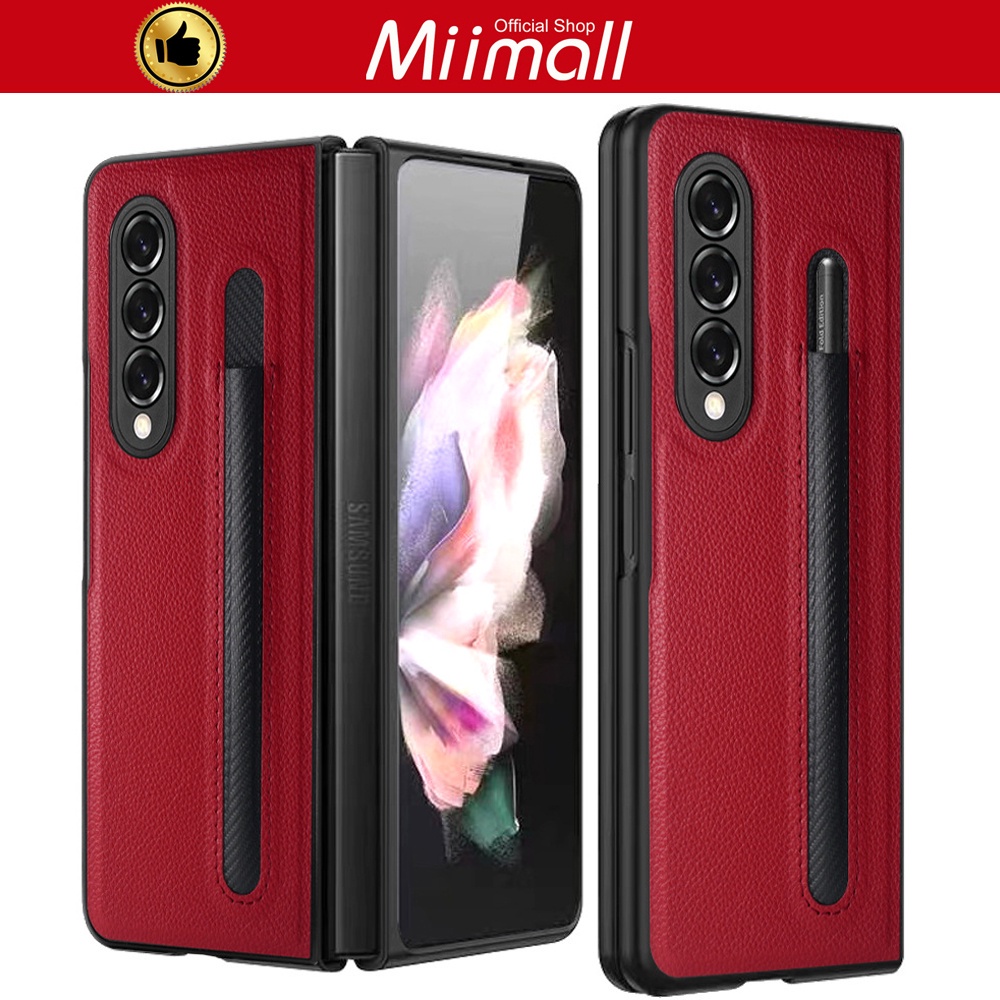 Miimall Ốp Điện Thoại Z Fold 3, Siêu Mỏng Lychee Pattern PU Da Thật Chống Trầy Xước Chống Rơi Vỏ Bảo Vệ cho Samsung Galaxy Z Fold 3