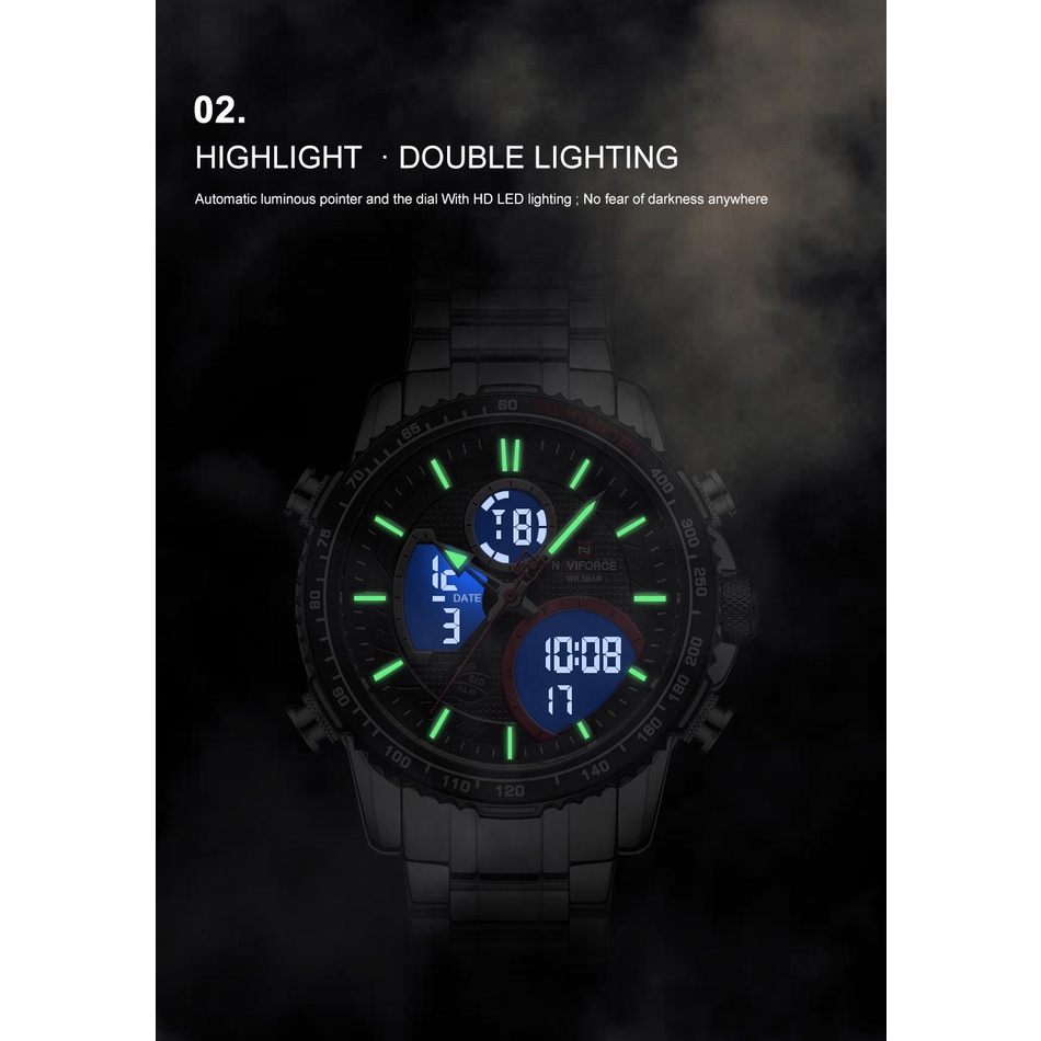 Đồng hồ thể thao NAVIFORCE NF9182 mặt thép không gỉ mạ bạc sang trọng dành cho nam