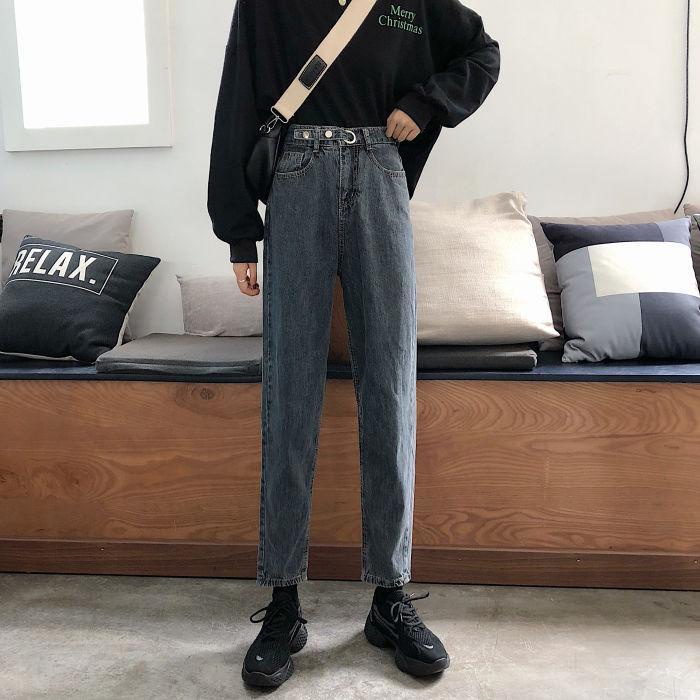Quần Jeans Dài Lưng Cao Dáng Rộng Thời Trang Mùa Đông Hàn Quốc Cho Nữ