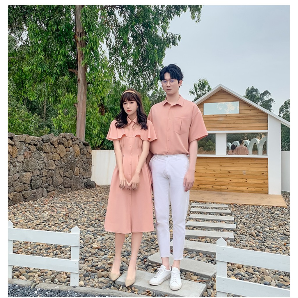 Áo đôi nam nữ ❤️FREESHIP❤️ Áo đôi váy sơ mi dễ thương chụp ảnh đi biển nam nữ Hàn Quốc COUPLE màu hồng AV87
