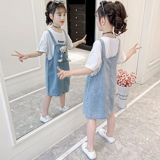 Set Áo Thun Ngắn Tay + Đầm Yếm denim Thời Trang Hàn Quốc Cho Bé Gái