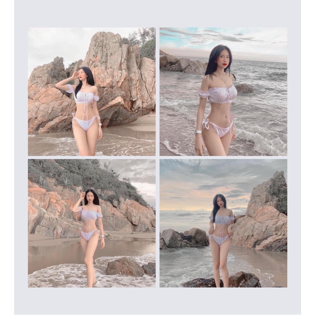 Bikini nữ 2 mảnh tay cộc trễ vai bèo quần tam giác và cạp cao R08