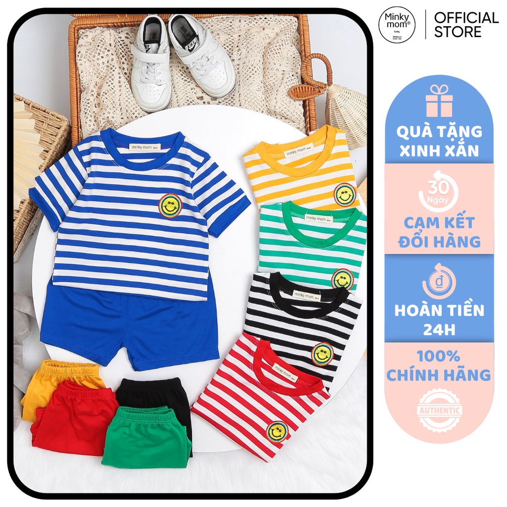 Bộ Cộc Tay Cho Bé Trai, Bé Gái Minky Mom Vải Thun Lạnh Kẻ Ngang Mặt Cười, Đồ Bộ Cho Bé Mặc Nhà MKM2211