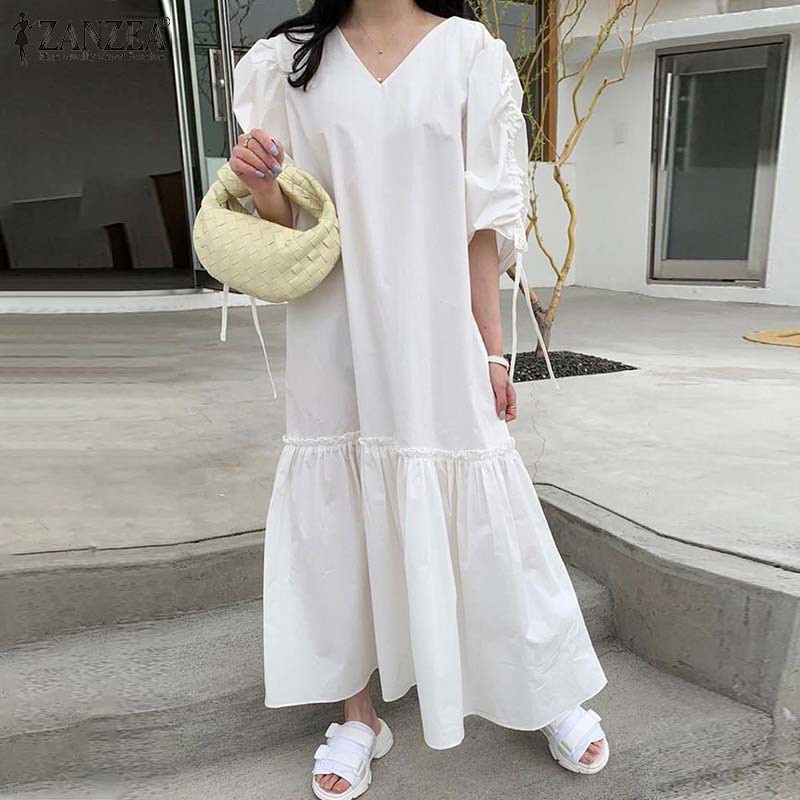 Đầm ZANZEA lai xếp nếp cổ V màu trơn tay phồng ngắn