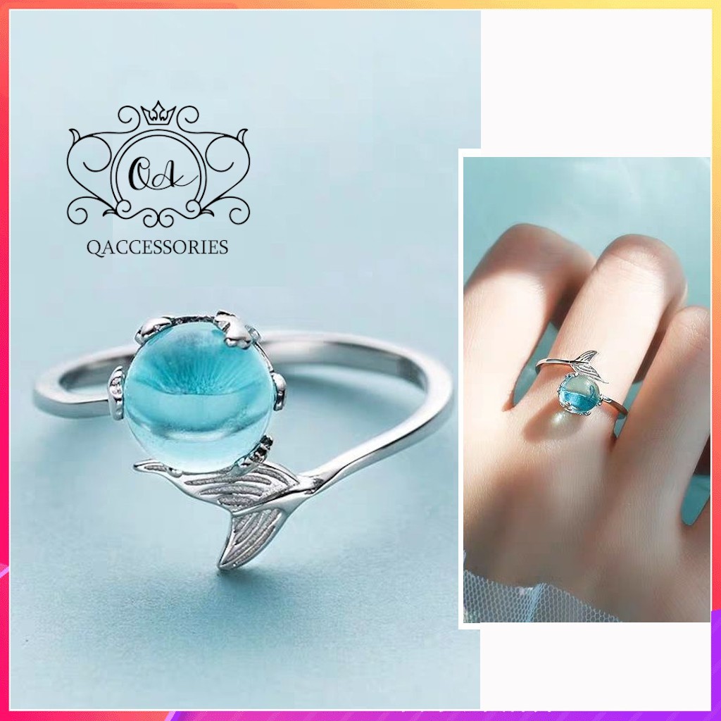 Nhẫn bạc đuôi cá đá xanh nhẫn nữ form thường S925 MERMAID Silver Ring QA SILVER