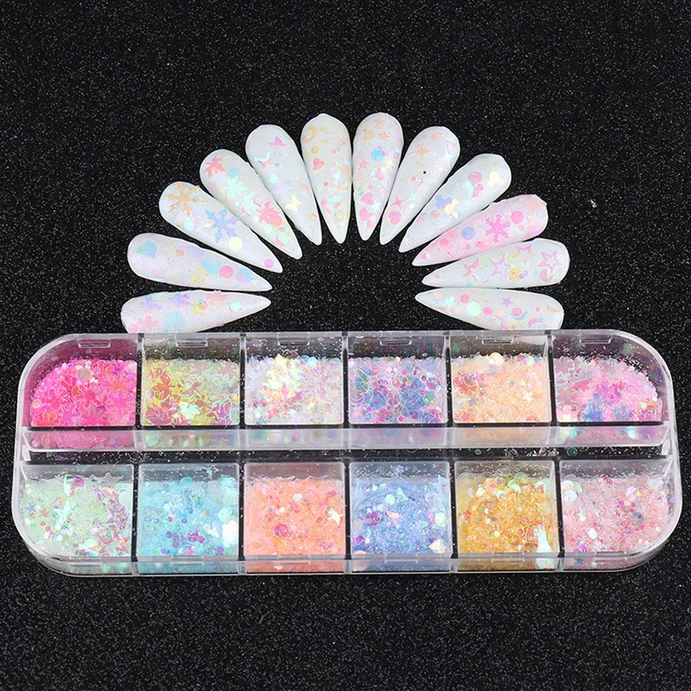 AROMA Hộp 12 Ngăn Đựng Hạt Kim Tuyến Trang Trí Móng Tay Màu Sắc Tươi Sáng DIY