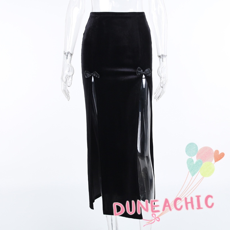 DUNEA Chân Váy Nhung Dáng Dài Xẻ Tà Phong Cách Gothic