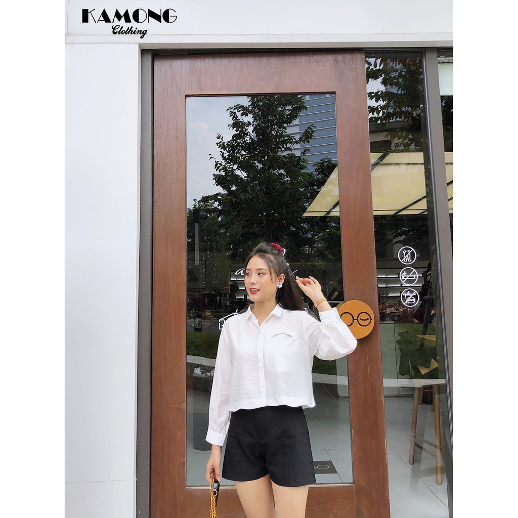 Áo sơ mi croptop lai lượn túi kiểu KAMONG A035