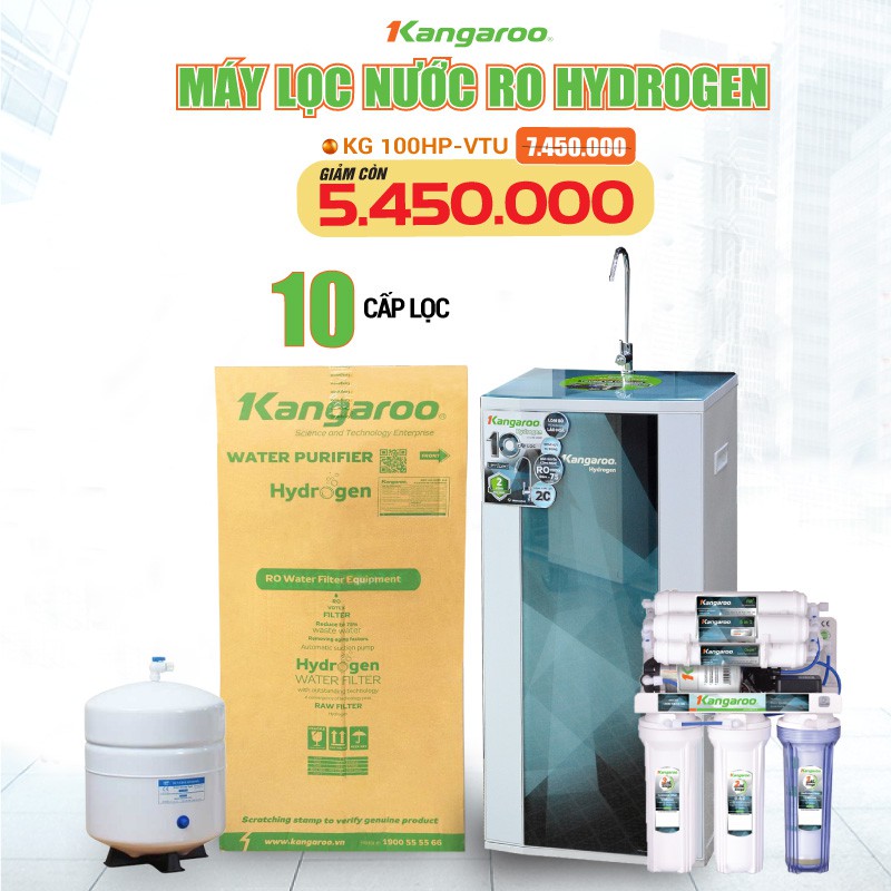 Máy lọc nước RO KANGAROO KG100HP VTU HYDROGEN 10 cấp lọc - Bao gồm tủ cường lực