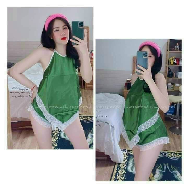 Bộ Ngủ Sexy Hai Dây Vải Phi Bóng Phối Ren