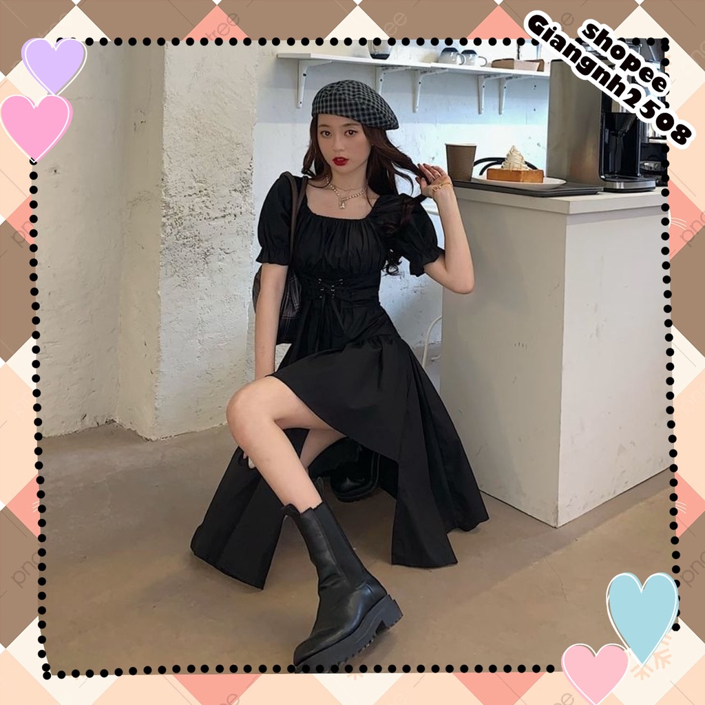 V019 Váy nữ dáng xòe xẻ chân thắt nơ eo tiểu thư, đầm dài dáng xòecổ vuông tay bồng đen trắng bánh bèo nữ tính
