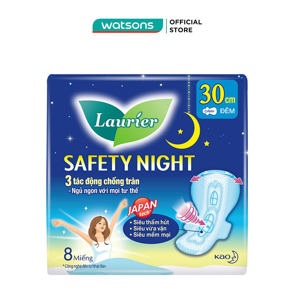 Băng Vệ Sinh Laurier Safety Night Tác Động Chống Tràn 30cm 8 Miếng