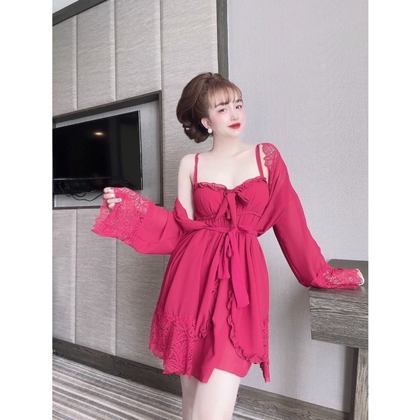 Nguyên sét Váy Ngủ Tiểu Thư, Áo Choàng Ngủ Kèm Váy Chiffon  Cao Cấp &lt;60kg màu đỏ đô
