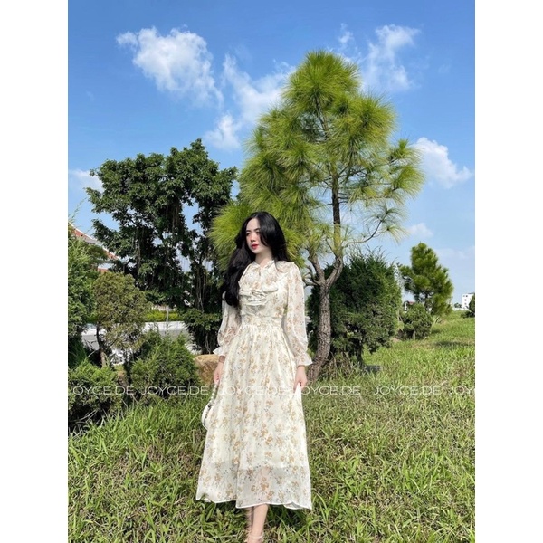🍀 VÁY đầm maxi hoa nhí vintage TƠ BÈO CỔ CÚC NGỌC buộc nơ hai lớp xếp ly dáng dài tiểu thư sang chảnh tay bèo công sở