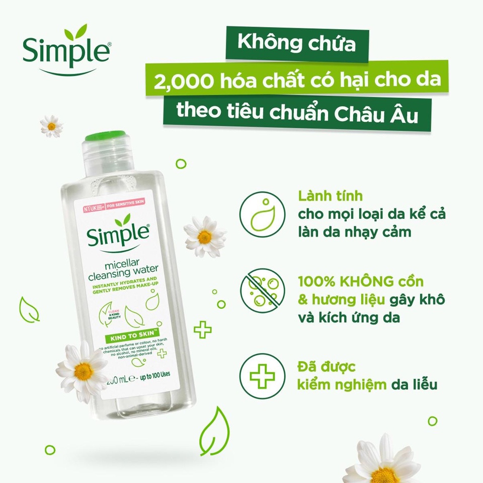 Combo dưỡng da dịu nhẹ Simple chính hãng Sữa rửa mặt + Nước hoa hồng + Nước tẩy trang cho da sạch khỏe đàn hồi