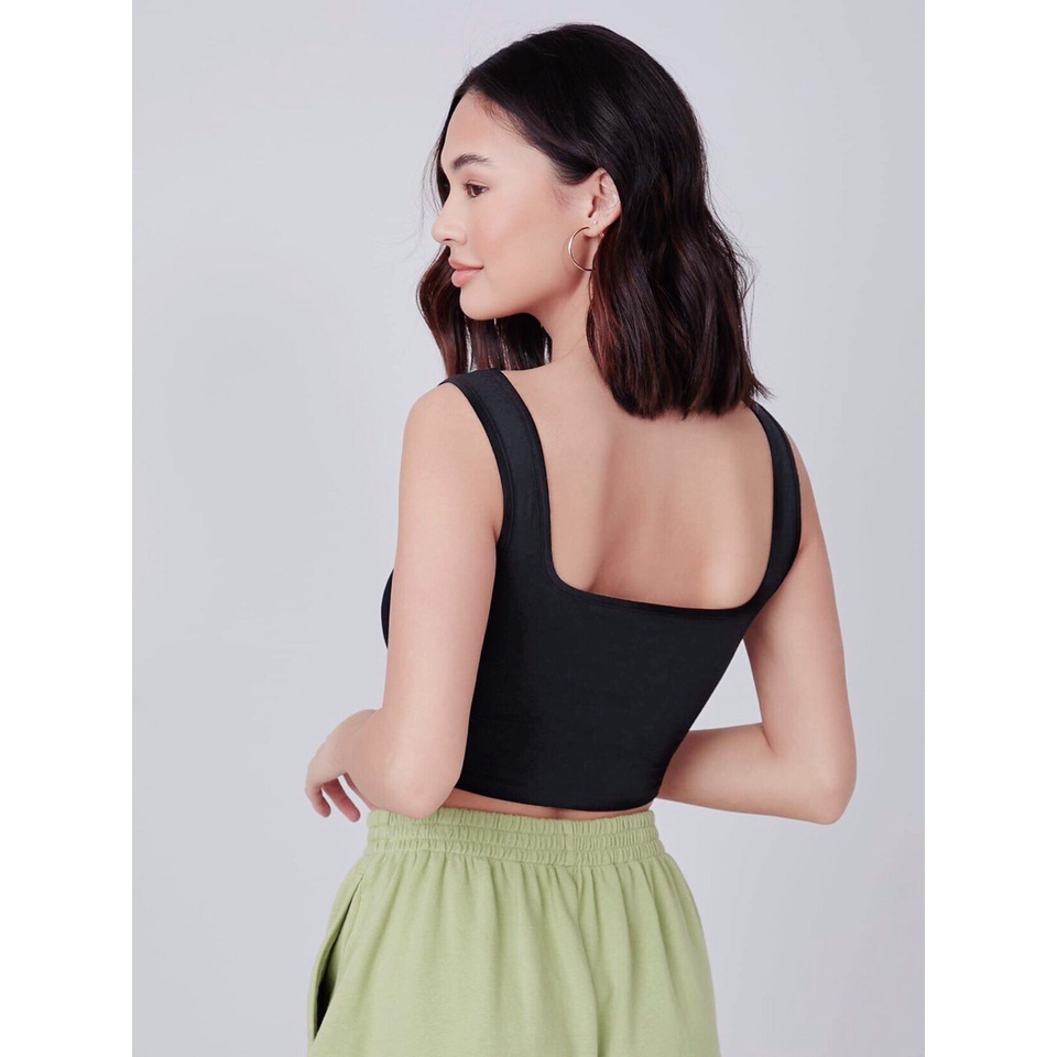 Áo croptop hai dây bản to cổ vuông, áo ba lỗ sát nách cổ vuông chất cotton bo zip co dãn Vati