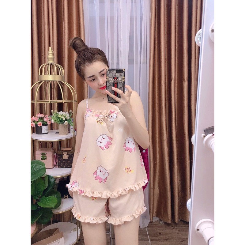 Đồ bộ 2 dây voan lụa viền bèo mặc nhà đẹp