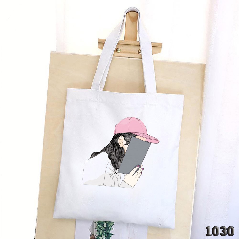 TÚI TOTE TRẮNG CHẤT VẢI CANVAS 515 1030 CÔ GÁI CHE MẶT DỄ THƯƠNG HÀNG CHUẨN ĐẸP