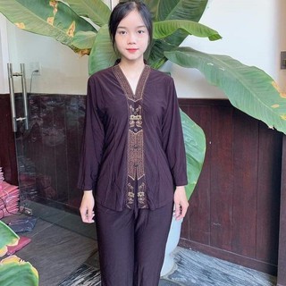 Bộ quần áo nữ Phật tử - đồ lam đi chùa thun lụa co giãn A04VB