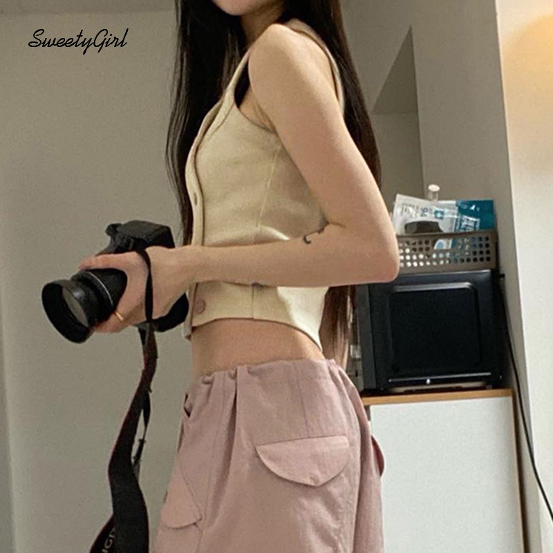 Áo Croptop Dệt Kim Sát Nách Dáng Ôm Cài Nút Thời Trang Cho Nữ