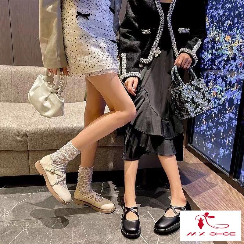 M & X ~  Giày Da Mũi Tròn Phong Cách Retro Pháp Cho Nữ