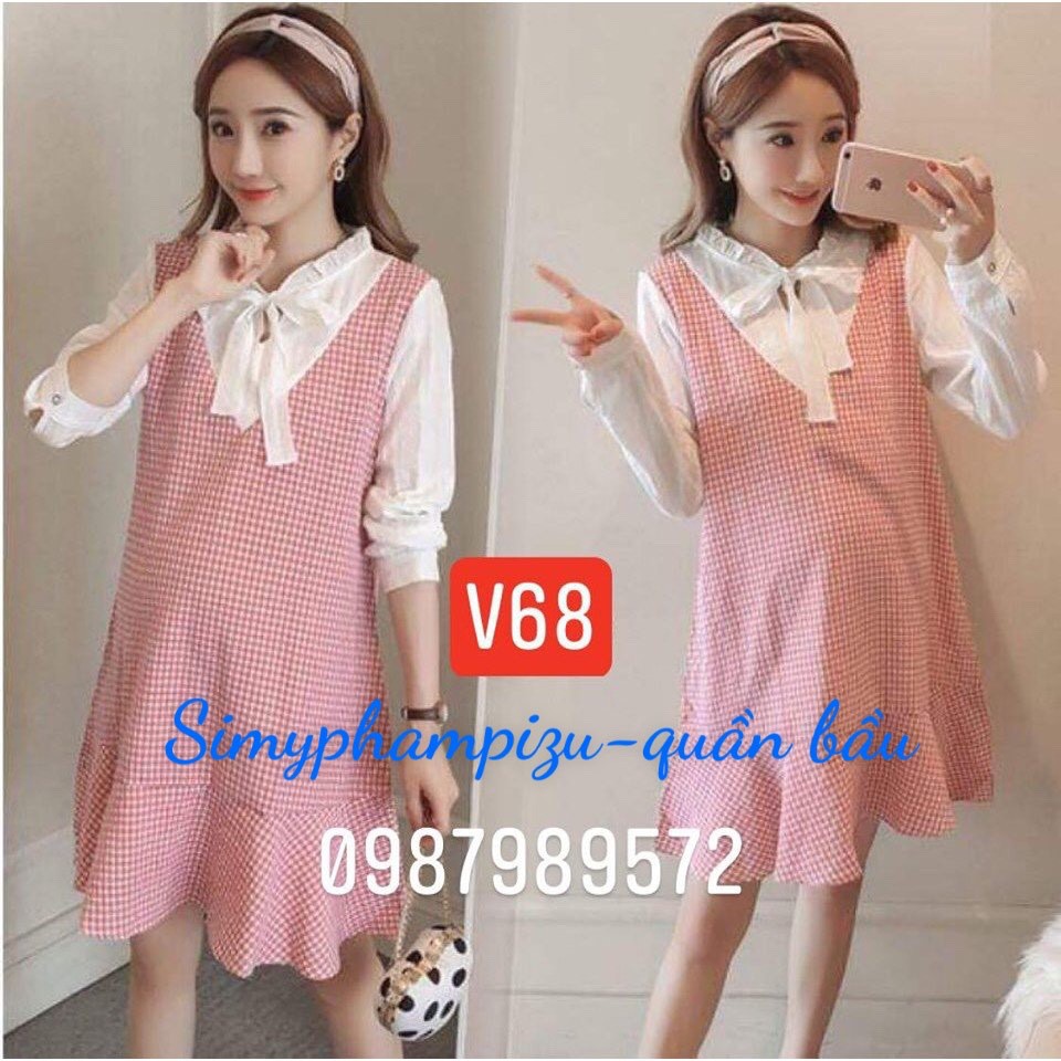 váy bầu giả yếm kẻ hồng v68