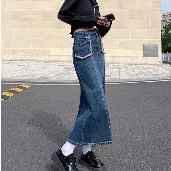 Chân váy jeans cạp cao, chân váy midi dáng dài phong cách Hàn Quốc_A20